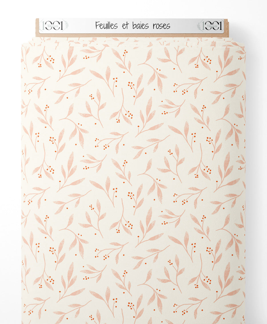 Tissu - Feuilles et baies roses
