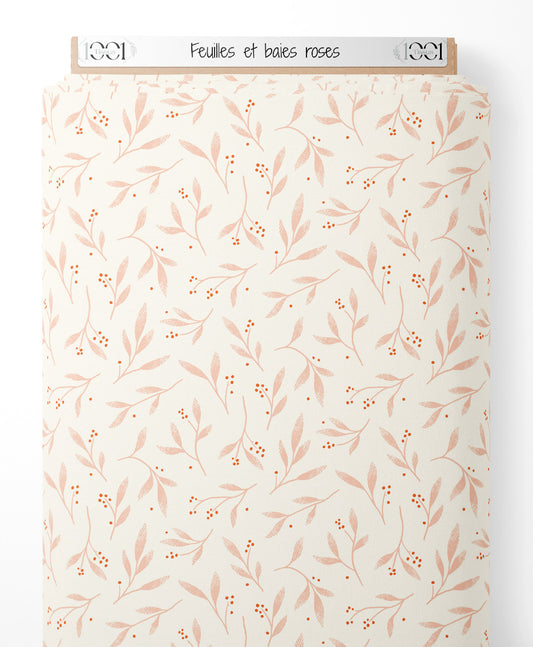 Tissu - Feuilles et baies roses