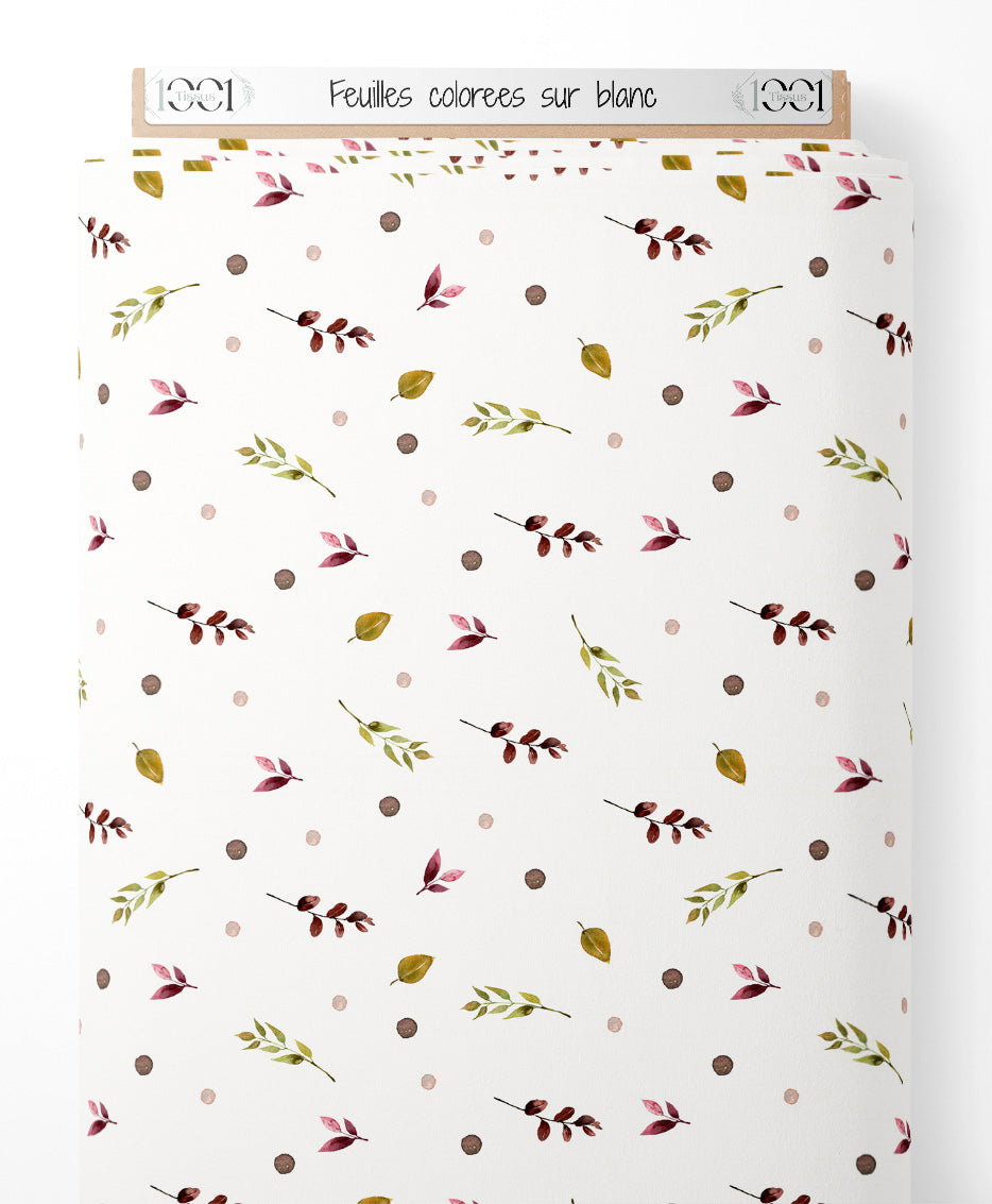 Tissu - Feuilles colorées sur blanc