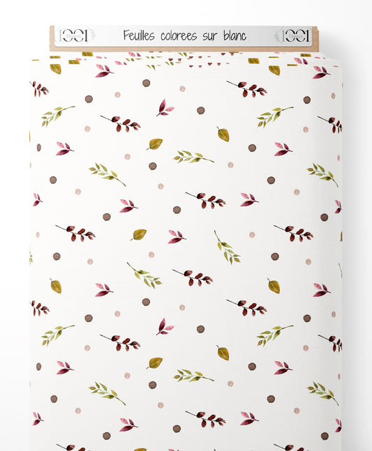Tissu - Feuilles colorées sur blanc