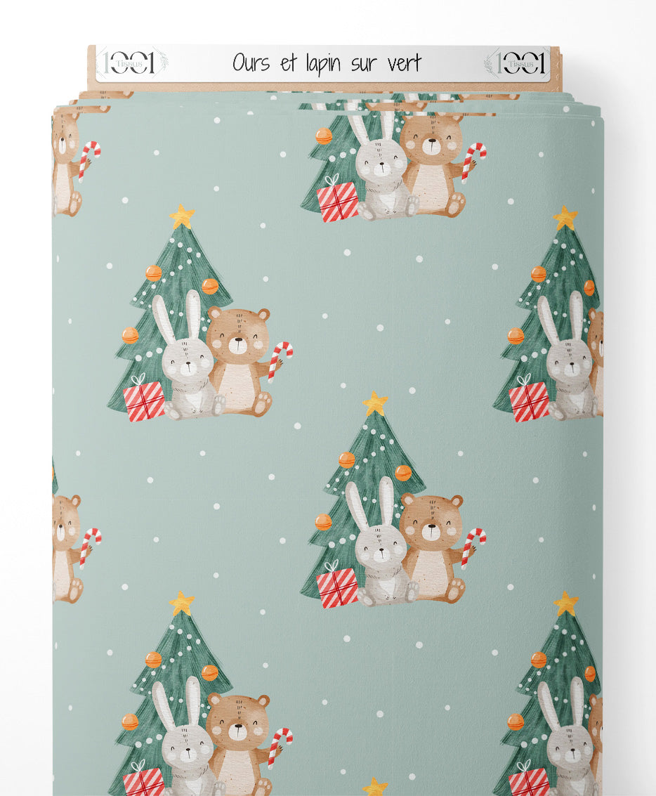 Tissu - Ours et lapin sur vert