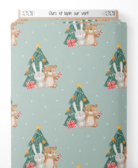Tissu - Ours et lapin sur vert