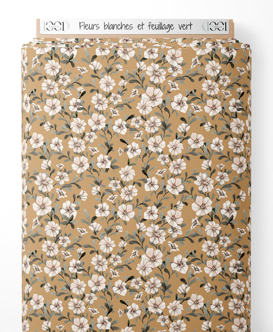Tissu - Fleurs blanches et feuillage vert