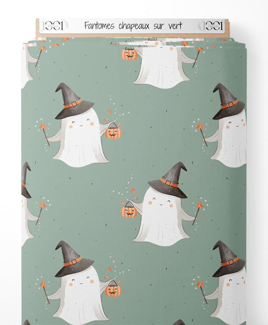 Tissu - Fantômes chapeaux sur vert