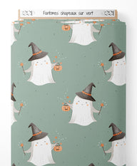 Tissu - Fantômes chapeaux sur vert