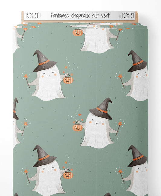 Tissu - Fantômes chapeaux sur vert