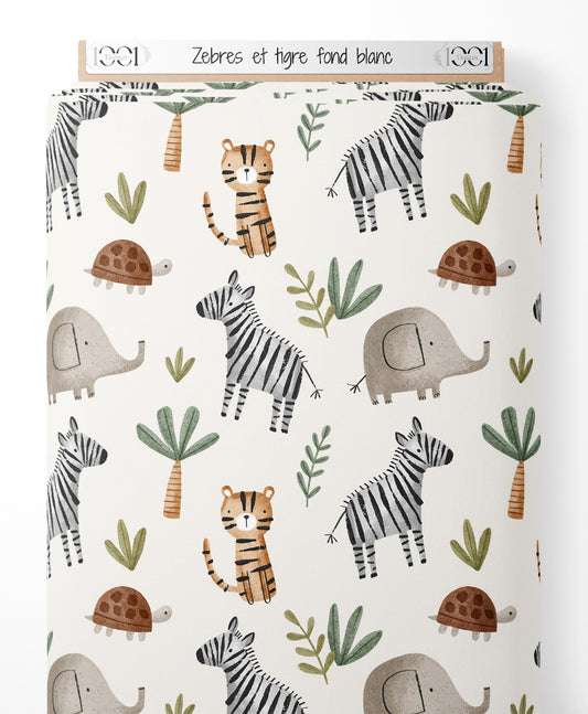 Tissu - Zèbres et tigre sur fond blanc