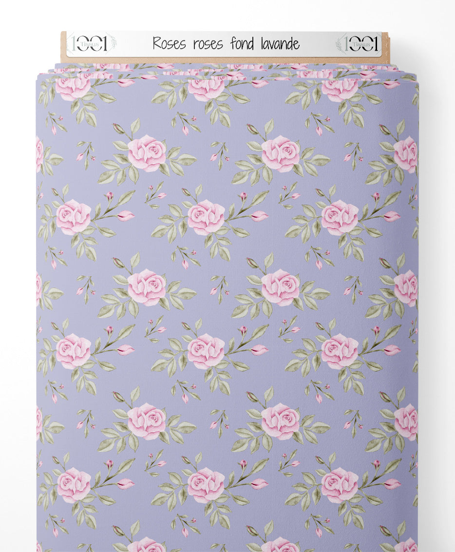 Tissu - Roses roses sur fond lavande