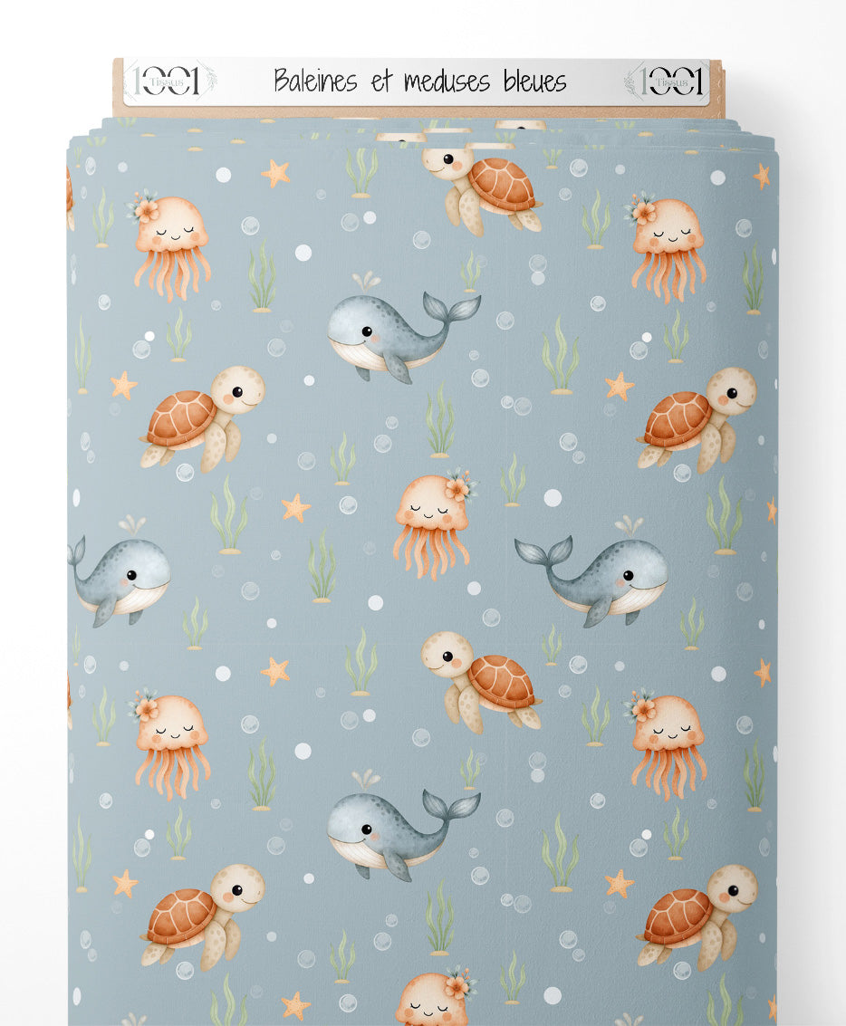 Tissu - Baleines et méduses bleues
