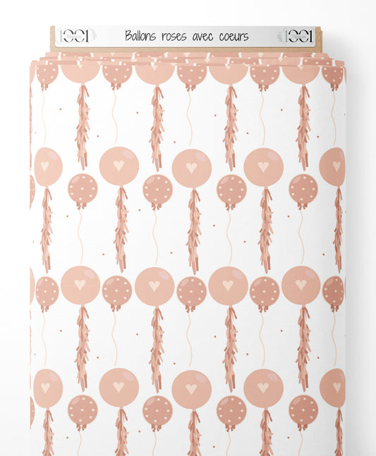 Tissu - Ballons roses avec cœurs