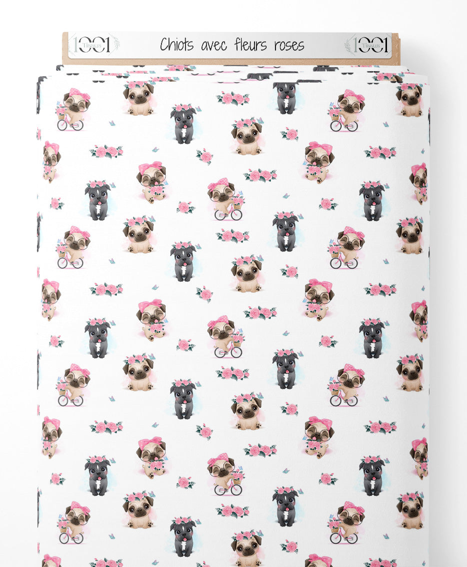 Tissu - Chiots avec fleurs roses