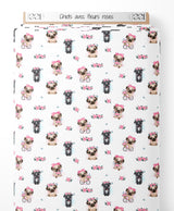 Tissu - Chiots avec fleurs roses