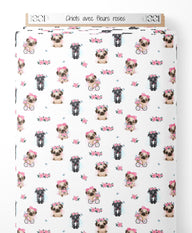 Tissu - Chiots avec fleurs roses