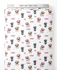 Tissu - Chiots avec fleurs roses