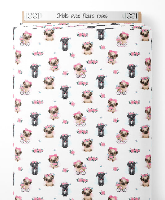 Tissu - Chiots avec fleurs roses