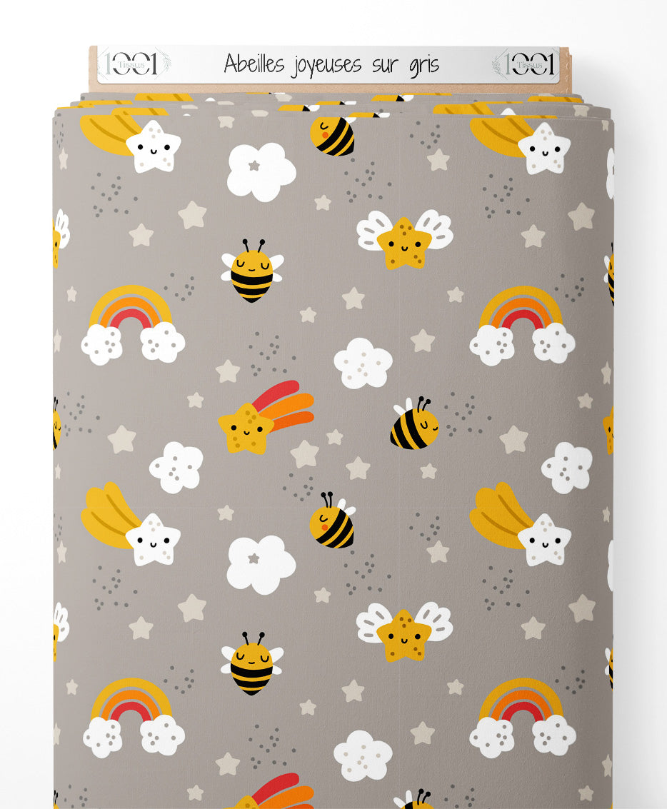 Tissu - Abeilles joyeuses sur gris