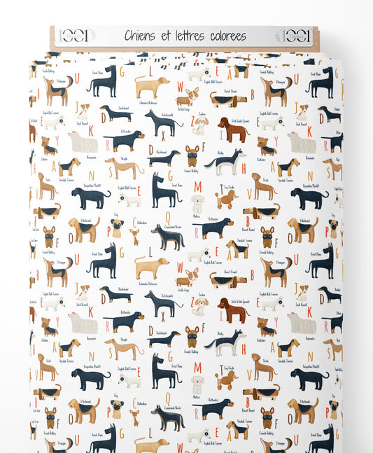 Tissu - Chiens et lettres colorées