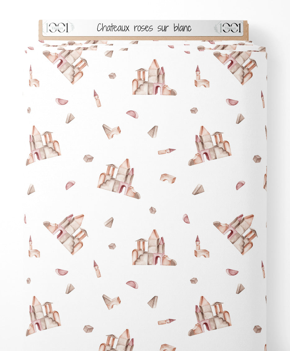 Tissu - Châteaux roses sur blanc