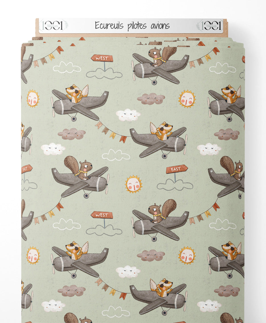 Tissu - Écureuils pilotes avions