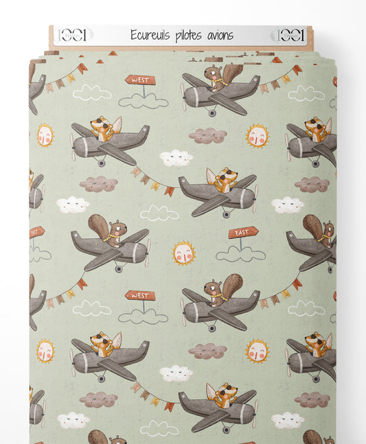 Tissu - Écureuils pilotes avions