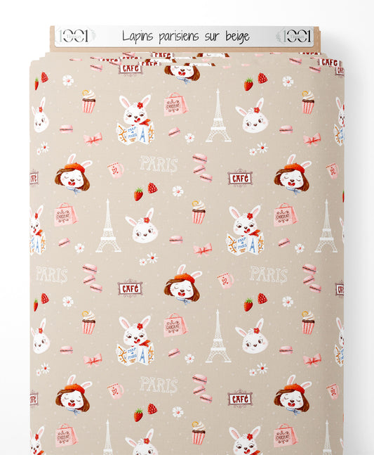 Tissu - Lapins parisiens sur beige