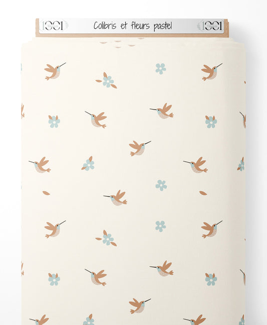 Tissu - Colibris et fleurs pastel