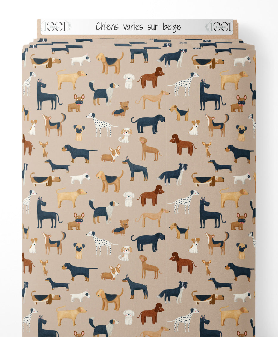 Tissu - Chiens variés sur beige