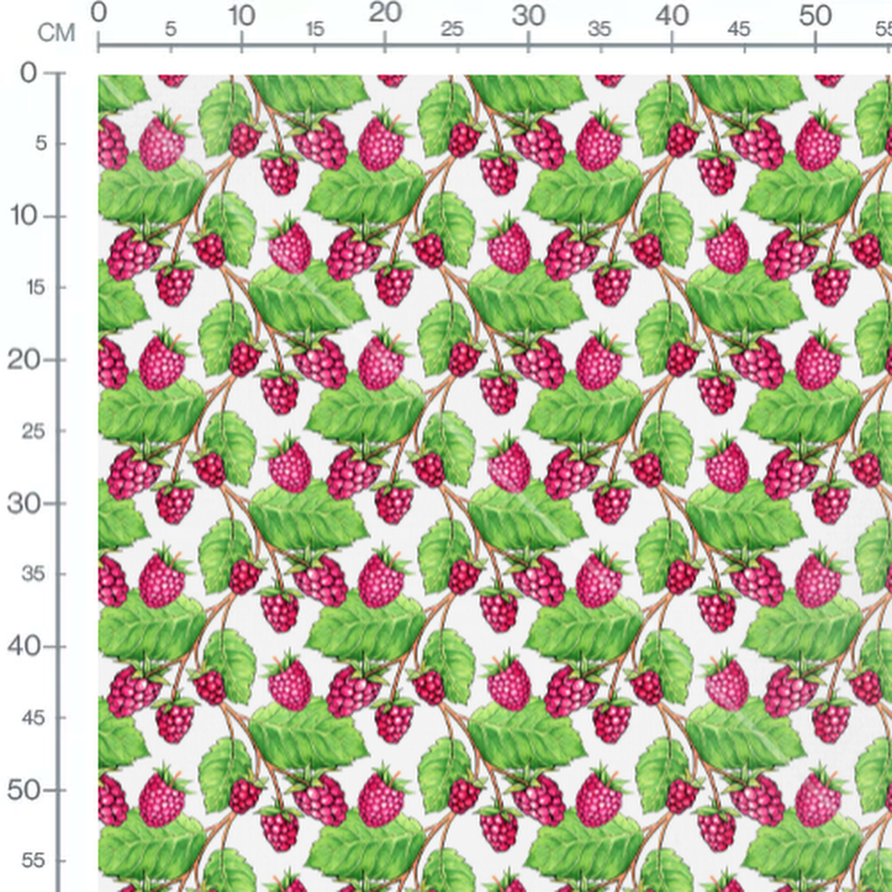 Tissu - Framboises et feuilles vertes