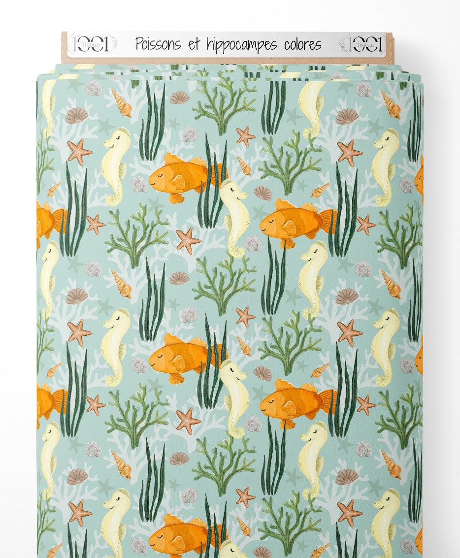 Tissu - Poissons et hippocampes colorés