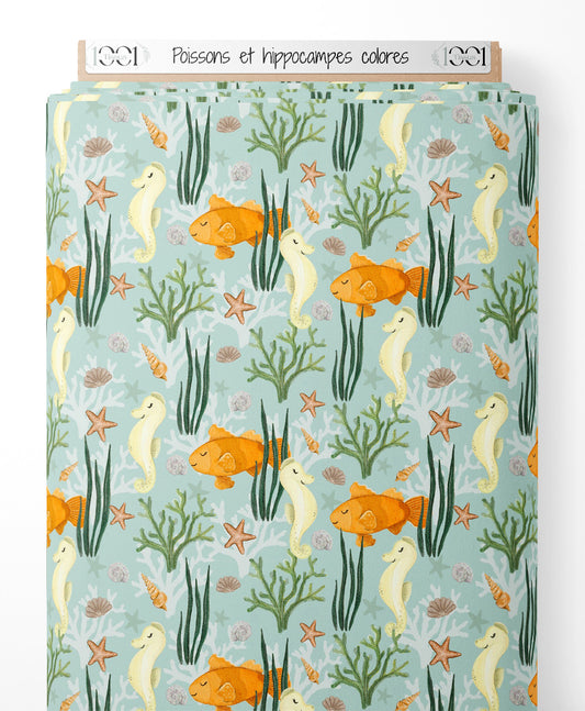 Tissu - Poissons et hippocampes colorés