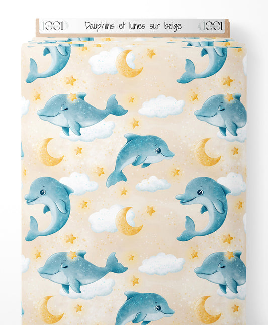 Tissu - Dauphins et lunes sur beige