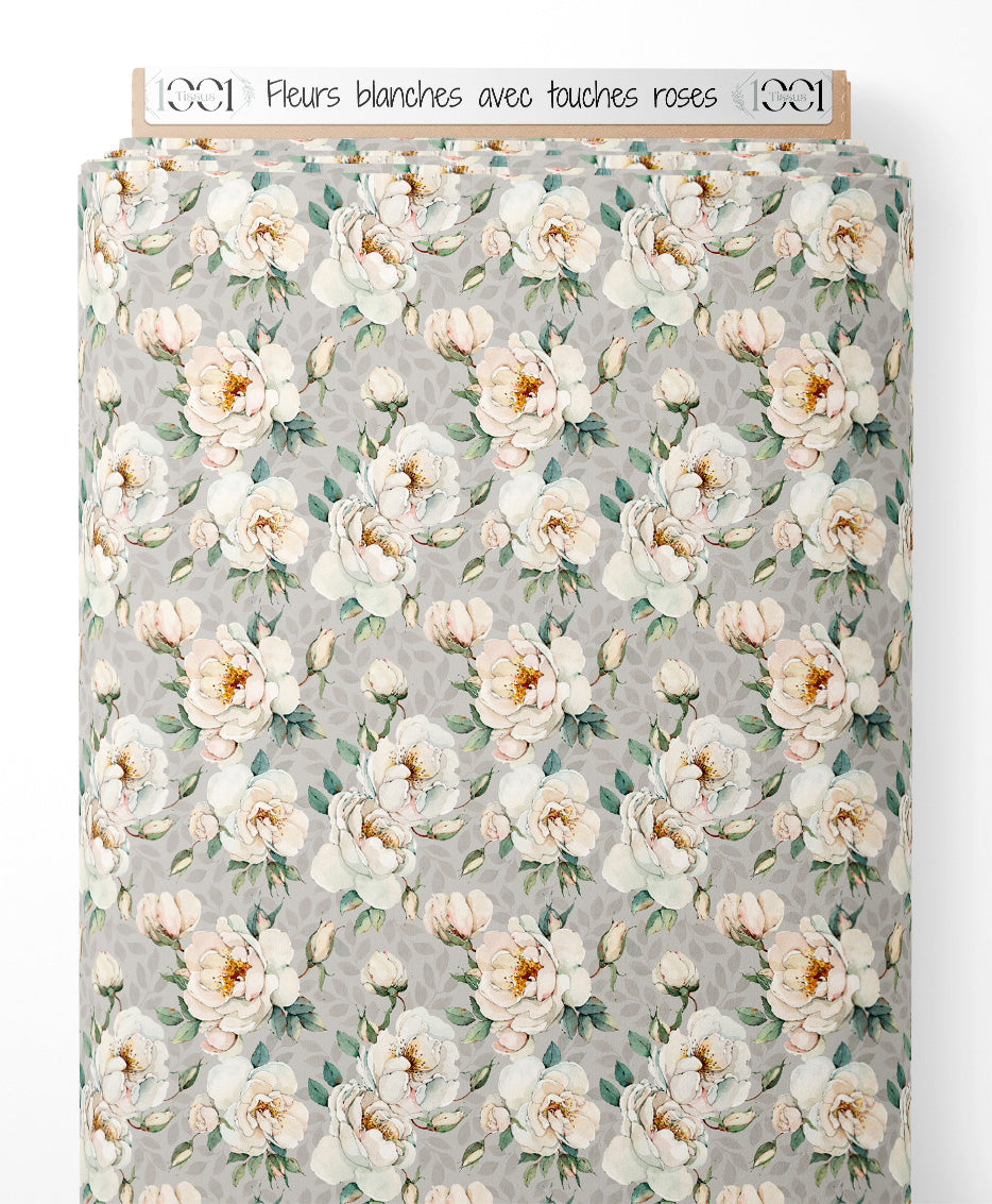 Tissu - Fleurs blanches avec touches roses