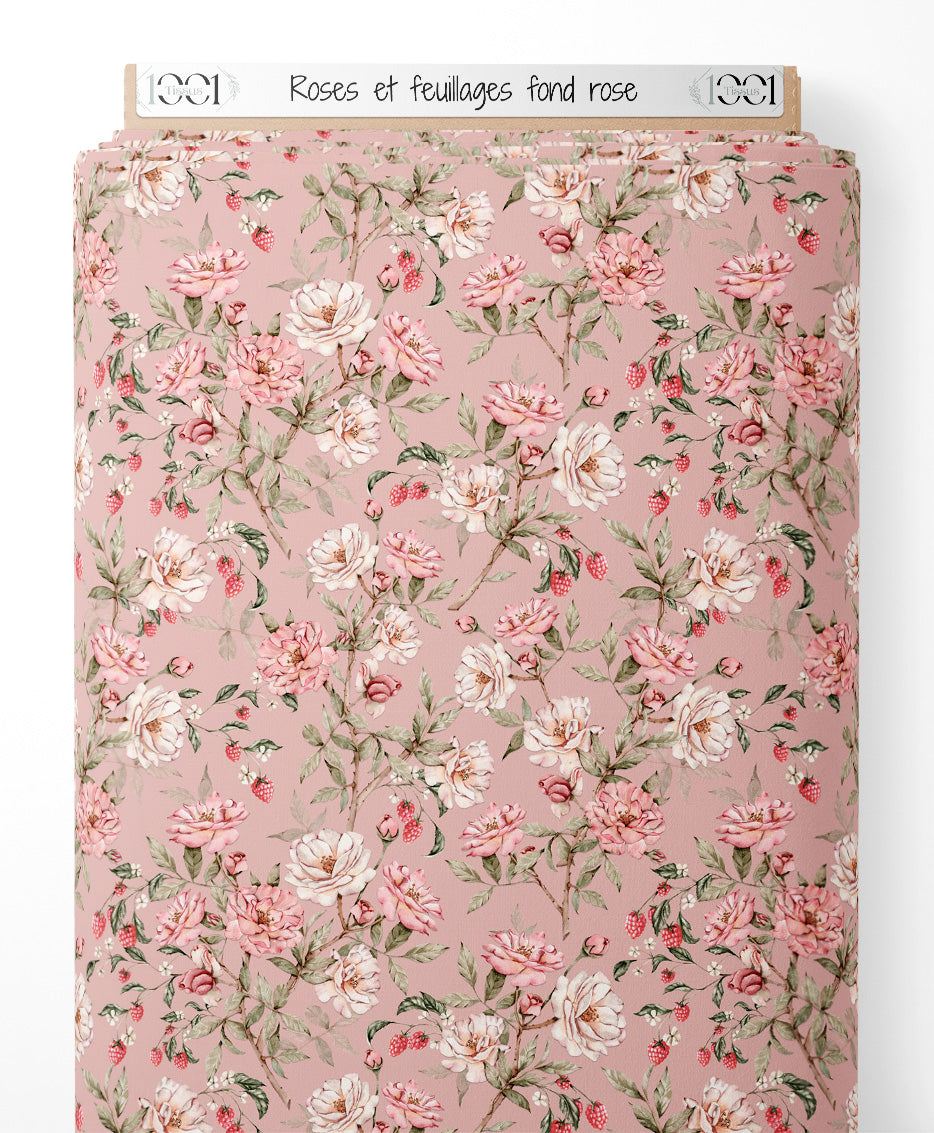 Tissu - Roses et feuillages sur fond rose