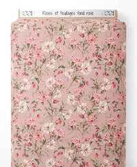 Tissu - Roses et feuillages sur fond rose