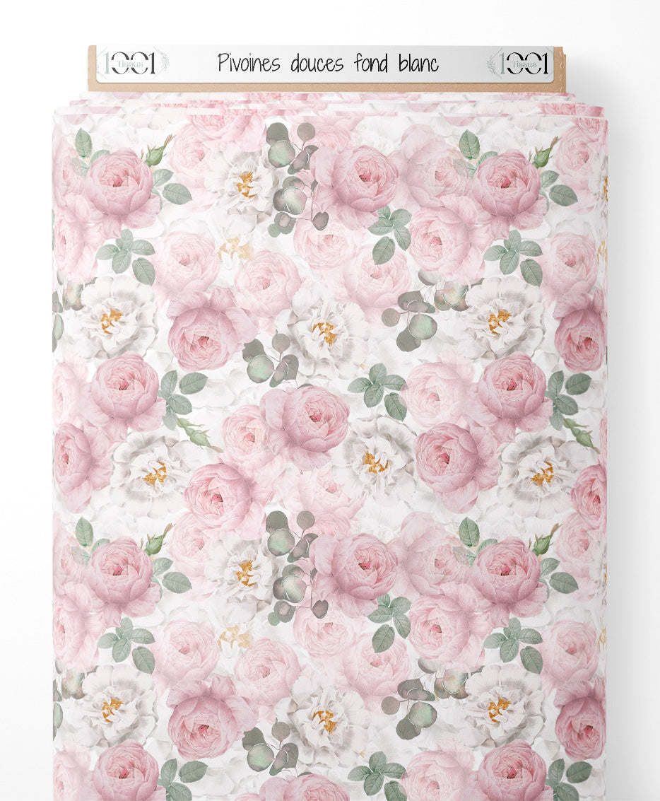 Tissu - Pivoines douces sur fond blanc
