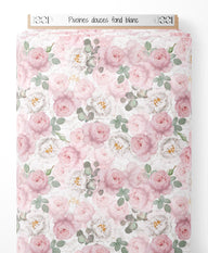 Tissu - Pivoines douces sur fond blanc