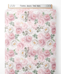Tissu - Pivoines douces sur fond blanc