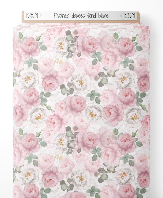 Tissu - Pivoines douces sur fond blanc