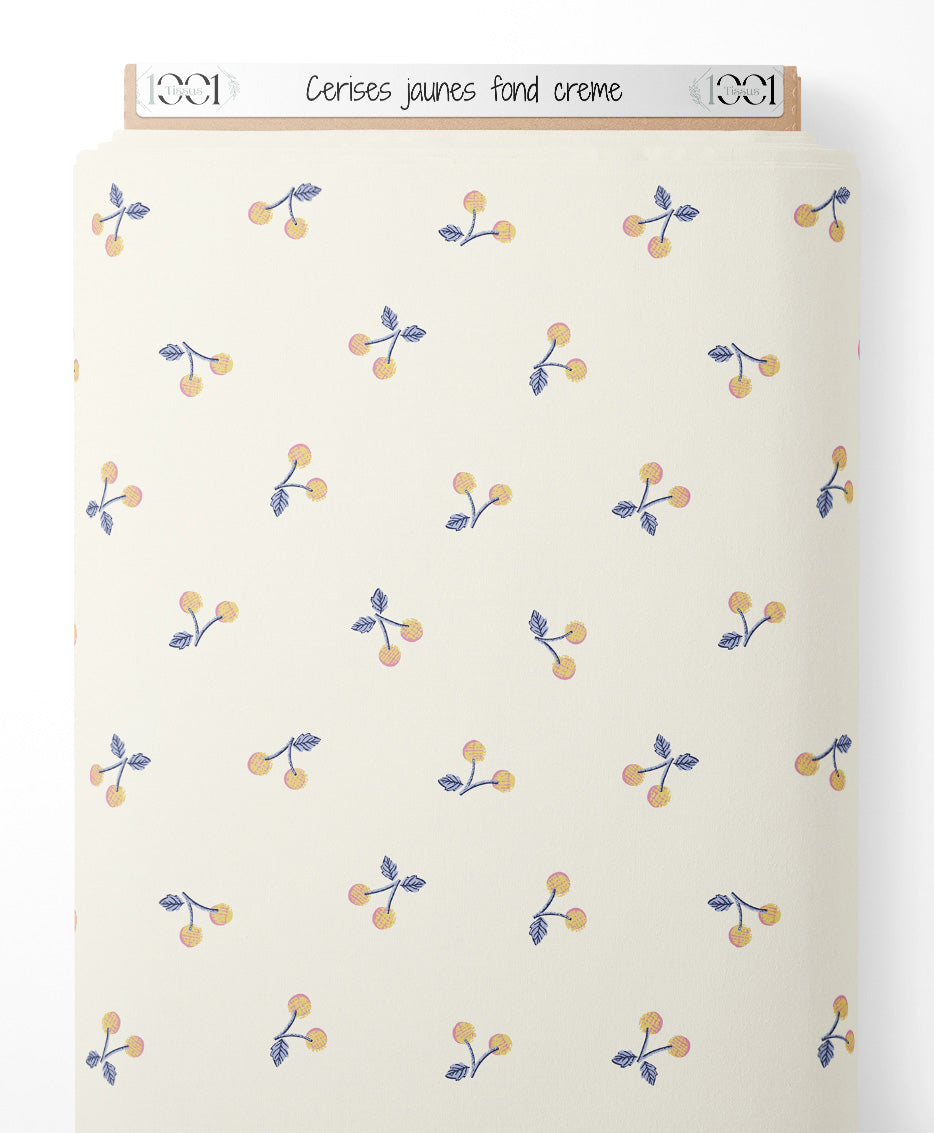 Tissu - Cerises jaunes sur fond crème