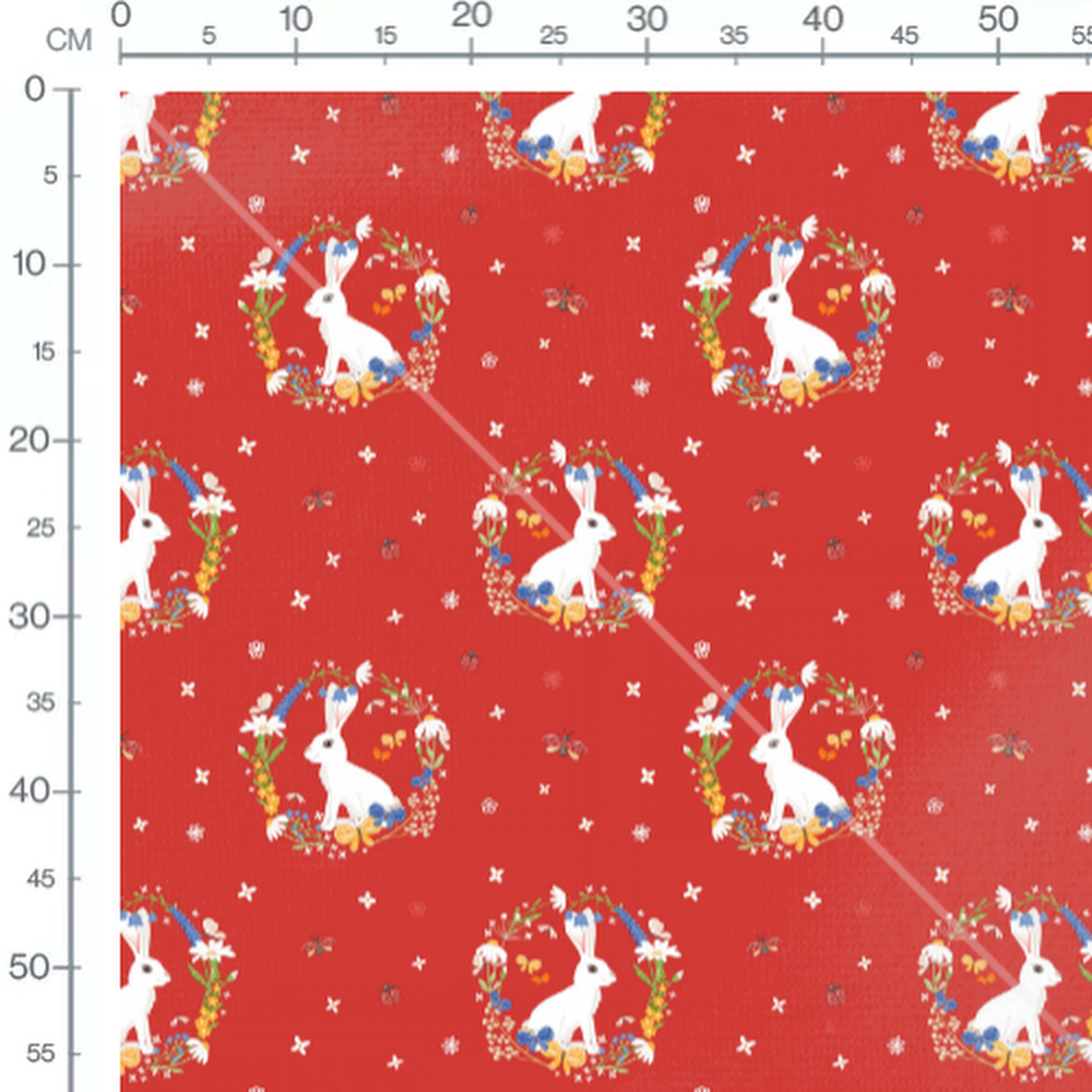 Tissu - Lapins et fleurs sur rouge