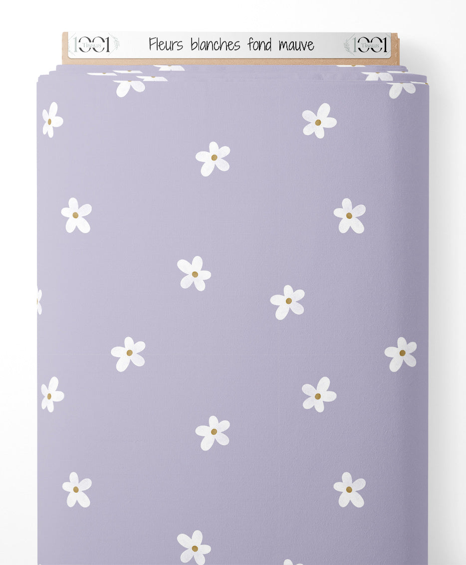 Tissu - Fleurs blanches sur fond mauve