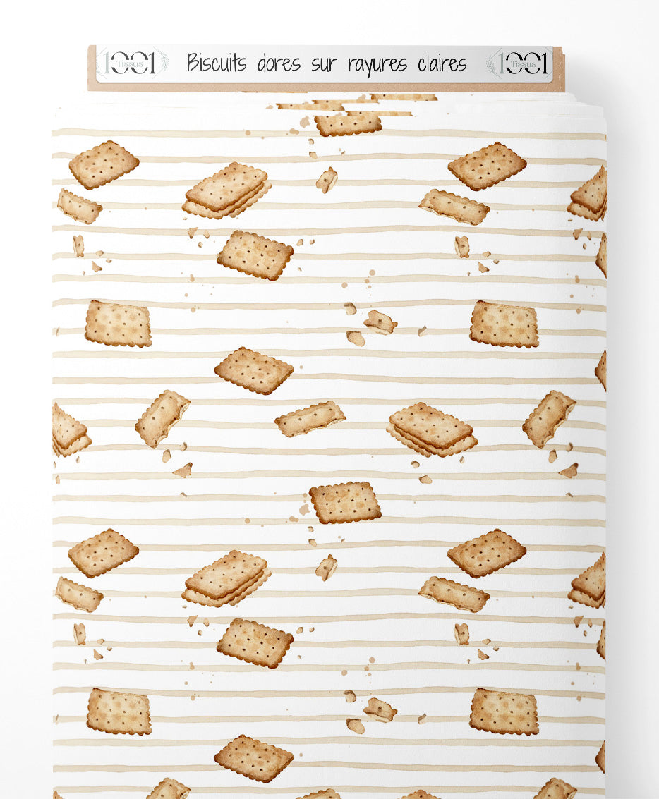 Tissu - Biscuits dorés sur rayures claires