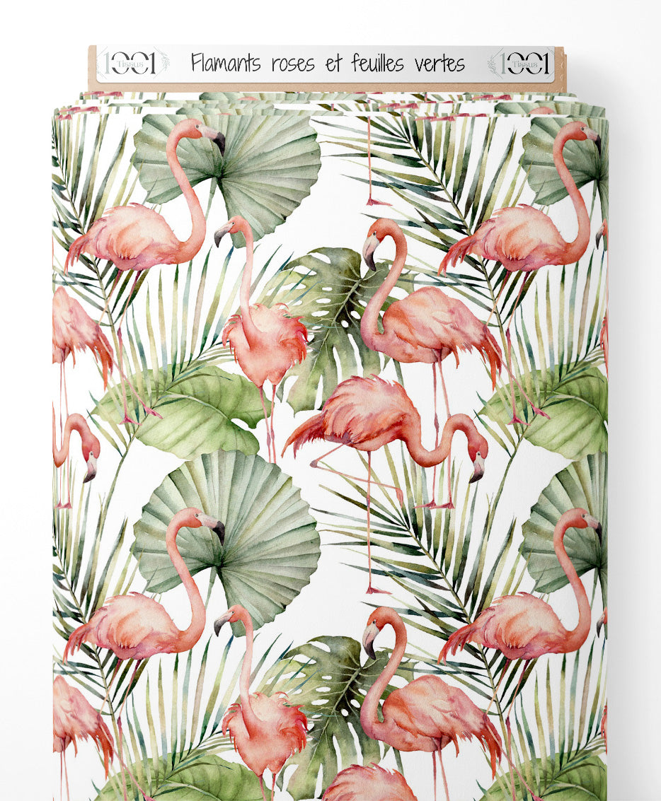 Tissu - Flamants roses et feuilles vertes