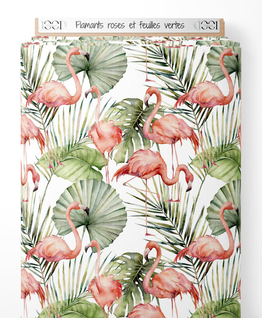 Tissu - Flamants roses et feuilles vertes
