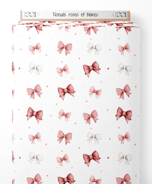 Tissu - Nœuds roses et blancs