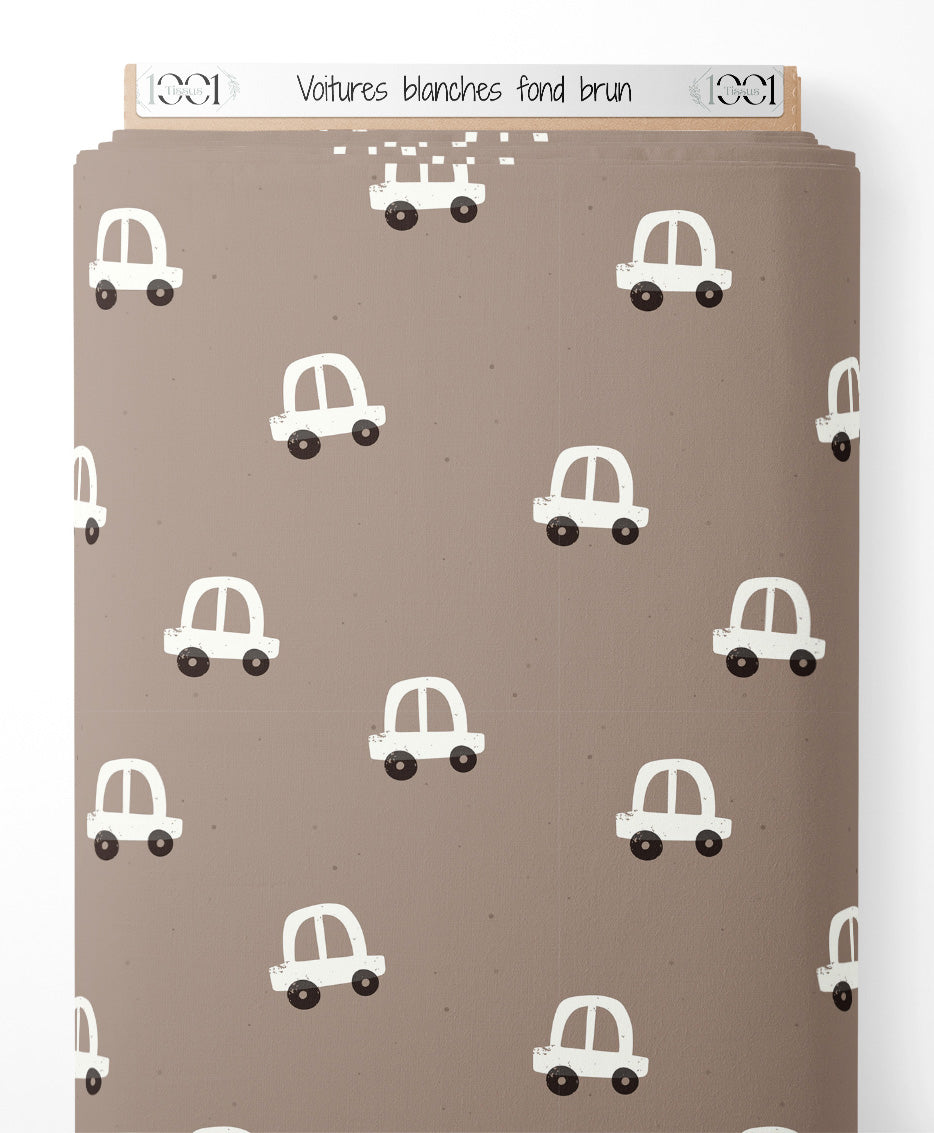 Tissu - Voitures blanches sur fond brun