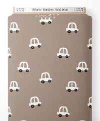 Tissu - Voitures blanches sur fond brun