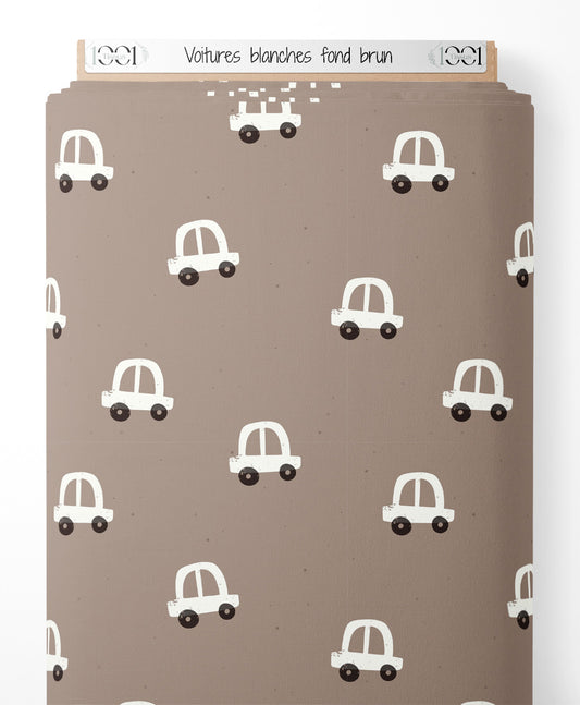 Tissu - Voitures blanches sur fond brun