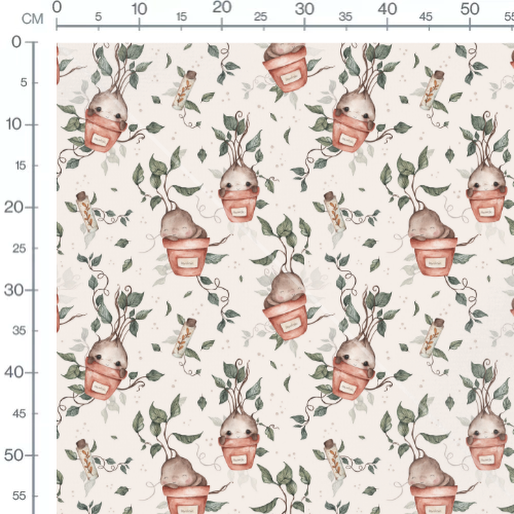 Tissu - Plantes souriantes en pots rouges