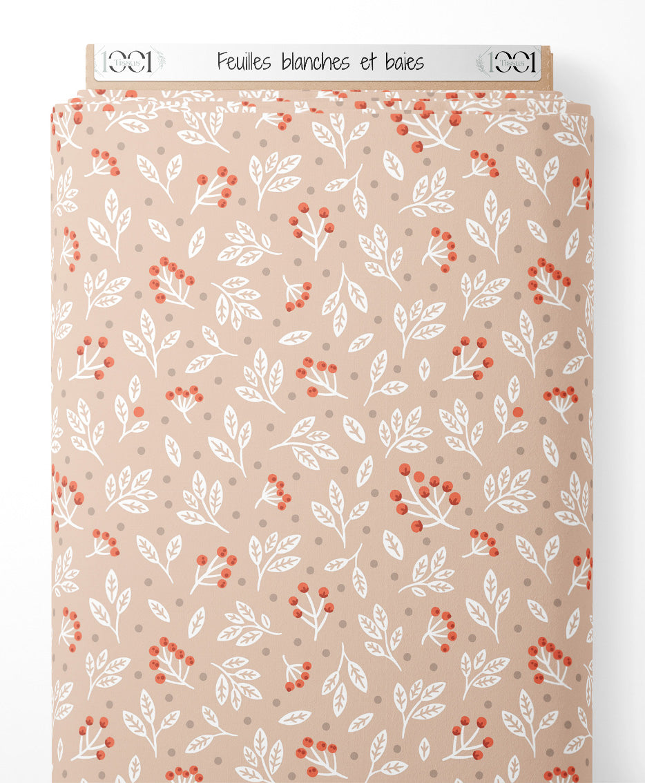 Tissu - Feuilles blanches et baies